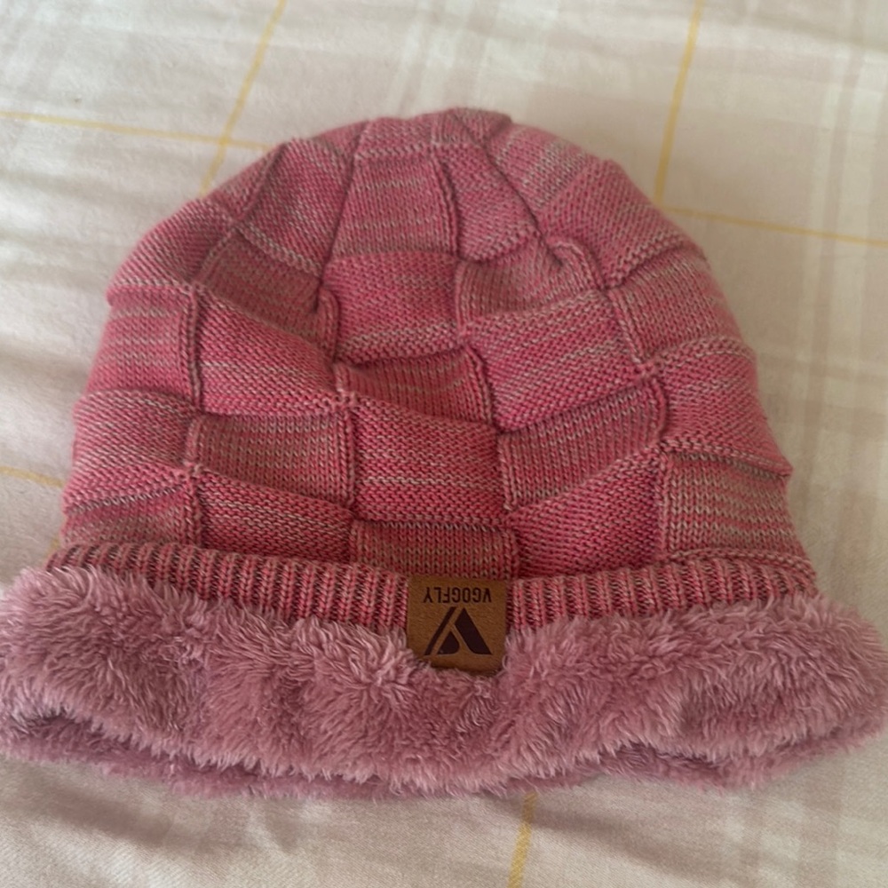 Pink Ribbed Knit Winter Hat with Folded Brim